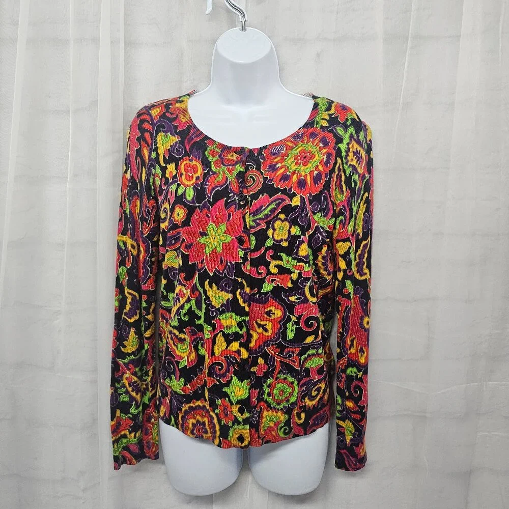 Talbots Cardigan Red Purple Knit Goth Floral Boho Retro Grunge S - Picture 2 of 11